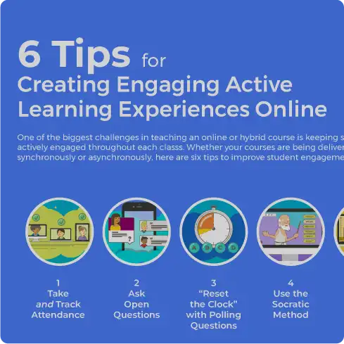 A graphic preview of this multi-page infographic shows 5 of 6 tips outlined for creating engaging active learning experiences online - take and track attendance, ask open questions, reset the clock with polling questions, use the socratic method, and create on-screen action