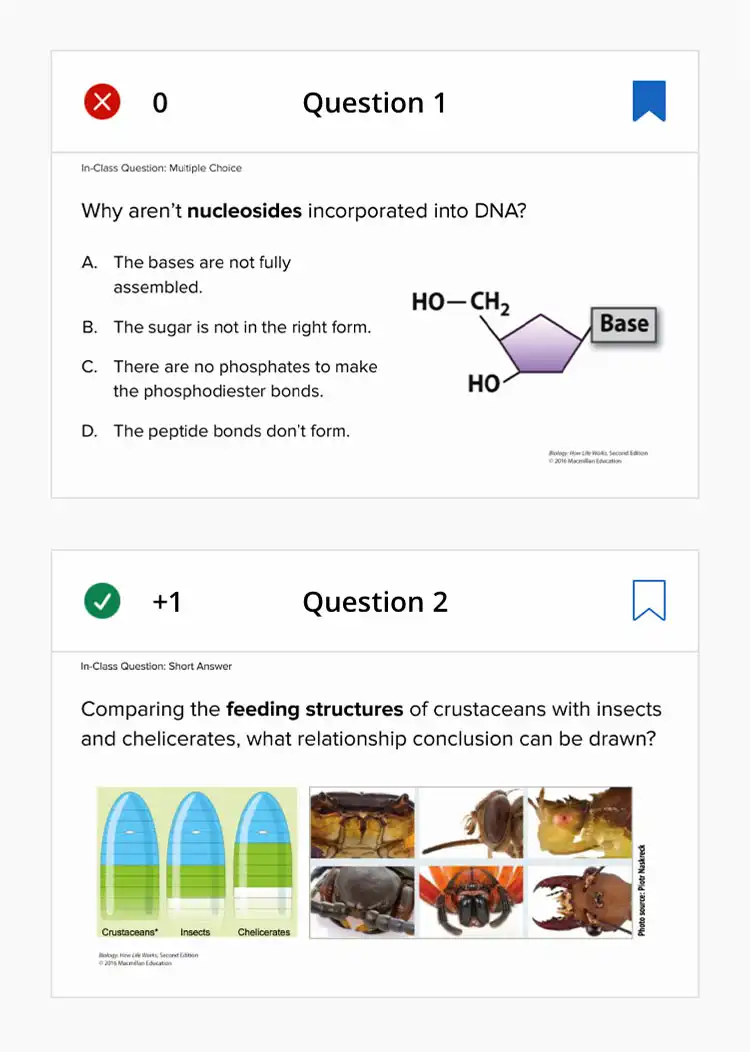 The iClicker study questions tool shows two questions, the first one missed and the second, with a green check mark, as correct. Both questions show the complete question slide with bookmark icons in the upper right corner for students to choose to flag for future review.