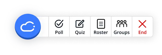 The iClicker floating toolbar for instructors reads: Poll, Quiz, Roster, Groups, and End