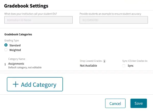 A simplified screenshot of Achieve Gradebook settings. At the top a title reads Gradebook Settings. Below the title, a subtitle reads Gradebook Categories. Below the subtitle are radio buttons for Grading Type and a numbered list of existing categories, of which there is currently only one (Assignments). Below the list of existing categories sits a teal-outlined button reading + Add Category. At the very bottom of the screen are two buttons - Cancel and Save.