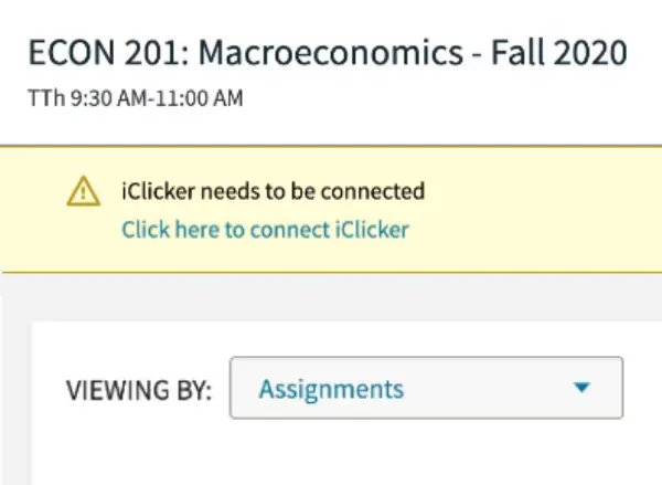 A simplified, zoomed-in screenshot of the Student Achieve view. At the top, the course name is listed, along with its schedule. Below these details is a yellow banner featuring a warning icon. The banner text reads iClicker needs  to be connected. A link follows, reading Click here to connect to iClicker.