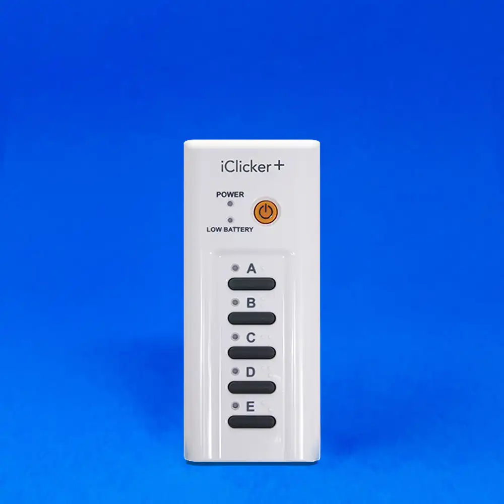 Compact and accessible, an iClicker+ remote stands against a blue background. Across the top it reads iclicker+ and below that rests a bold power button and indicator lights for power and low battery. A column of 5 large, dark buttons cover the lower 2/3 of the remote. Each button is outfitted with an indicator light and A-E answer labels in both bold, capital letter print and braille.