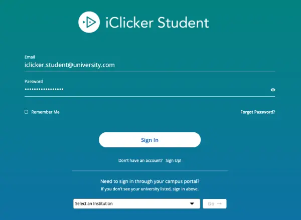 The iClicker Student login screen.